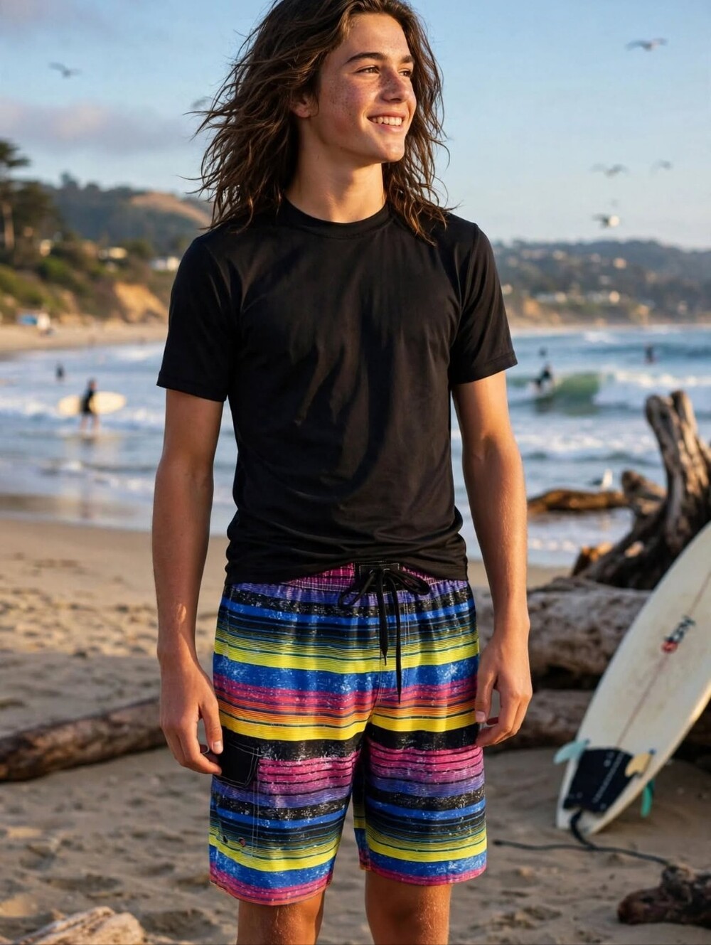 1410@9 Men's Multicolor Striped Swim Trunks - Vibrant Beach Shorts. 36-38